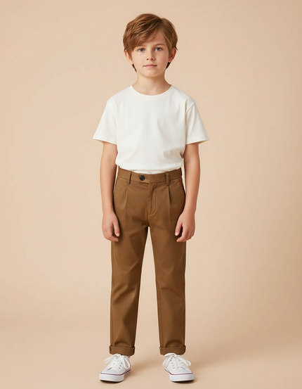 Pantalon Beige Droit Coton Garçon Élégant Pli - Marron