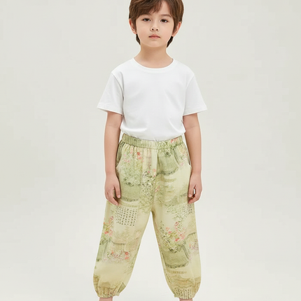 Pantalon Beige Fluide Imprimé Fleuri Ample Enfant - Viscose