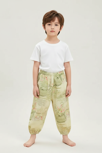 Pantalon Beige Fluide Imprimé Fleuri Ample Enfant - Viscose