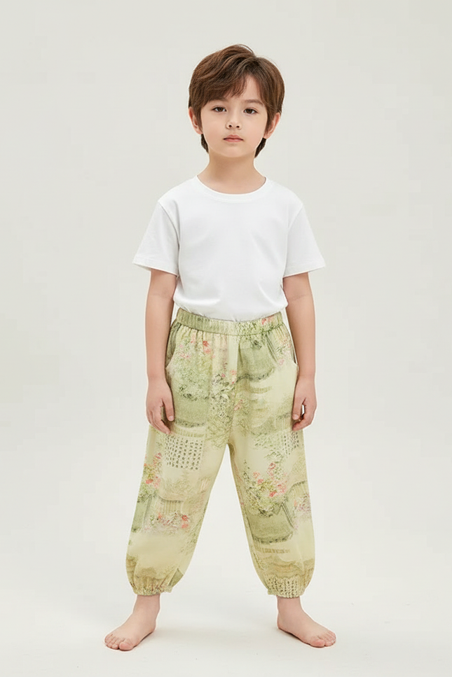 Pantalon Beige Fluide Imprimé Fleuri Ample Enfant - Viscose