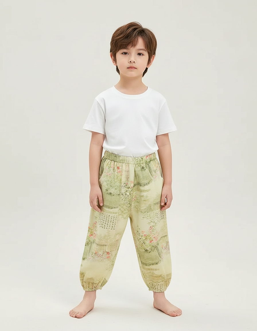 Pantalon Beige Fluide Imprimé Fleuri Ample Enfant - Viscose