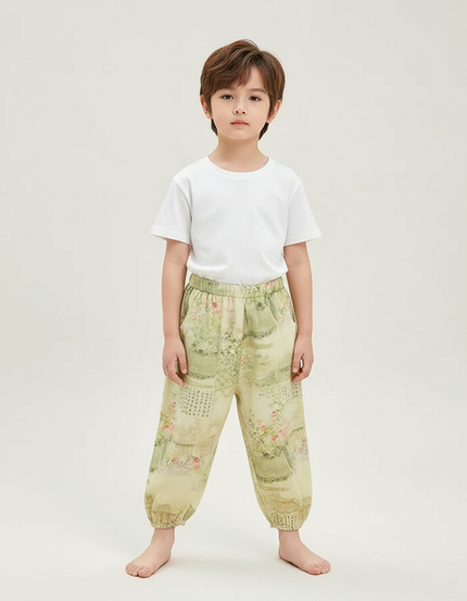 Pantalon Beige Fluide Imprimé Fleuri Ample Enfant - Viscose