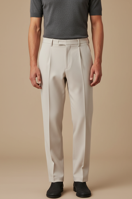 Pantalon Beige Droit Plissé Élégant Homme - Gabardine