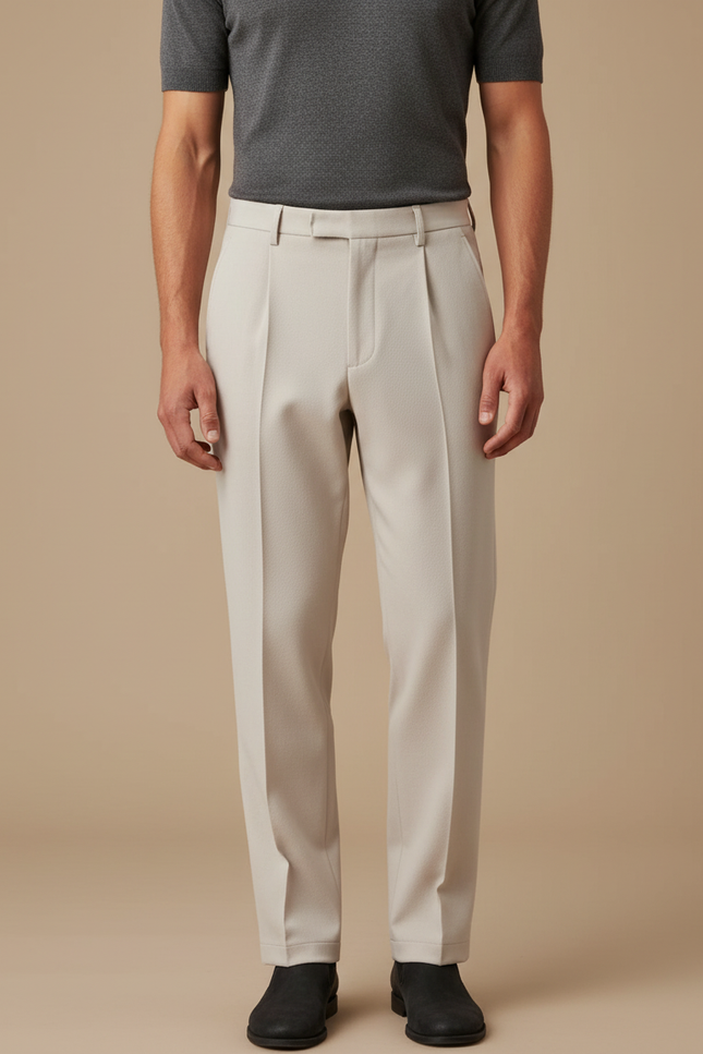 Pantalon Beige Droit Plissé Élégant Homme - Gabardine