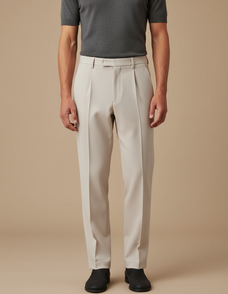 Pantalon Beige Droit Plissé Élégant Homme - Gabardine