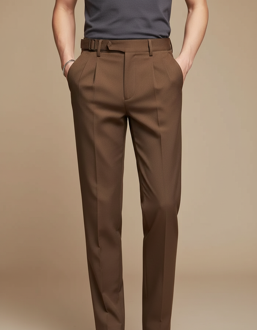 Pantalon Beige Homme Élégant Slim Décontracté Taille Haute - Marron Gabardine