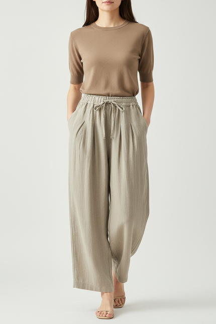 Pantalon Beige Fluide Lin Large Décontracté Femme