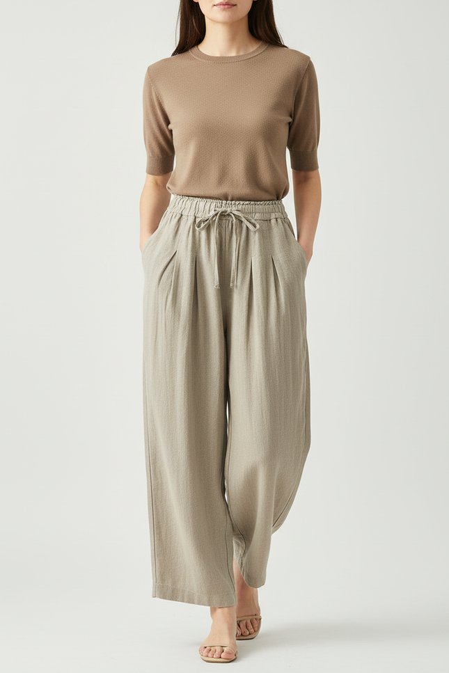 Pantalon Beige Fluide Lin Large Décontracté Femme