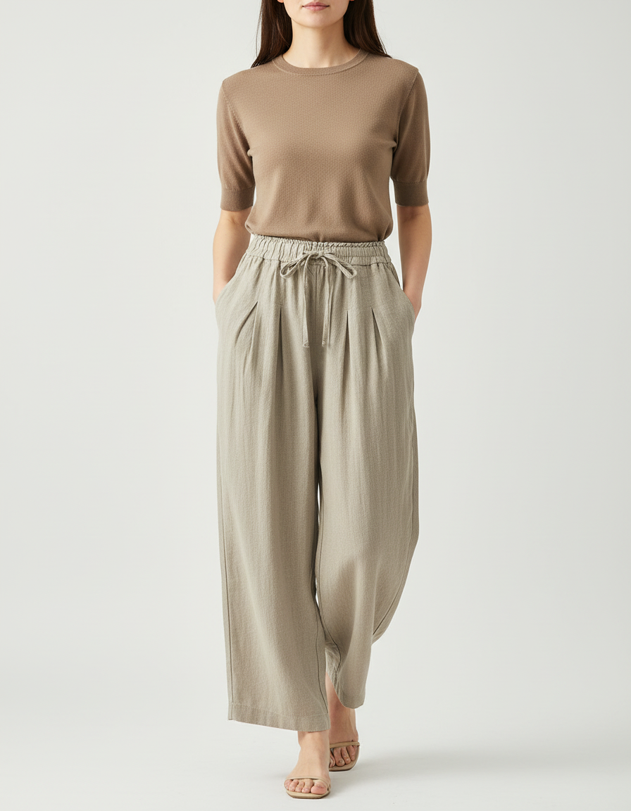 Pantalon Beige Fluide Lin Large Décontracté Femme