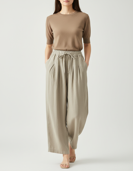Pantalon Beige Fluide Lin Large Décontracté Femme