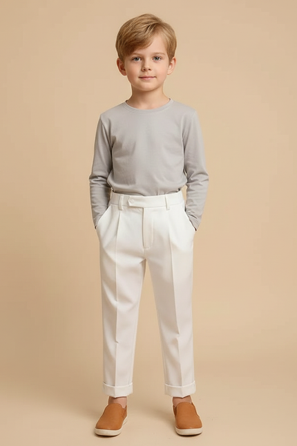Pantalon Beige Droit Élégant Garçon Pli Coton - Blanc Gabardine