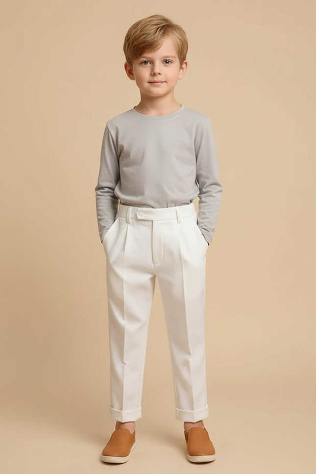 Pantalon Beige Droit Élégant Garçon Pli Coton - Blanc Gabardine