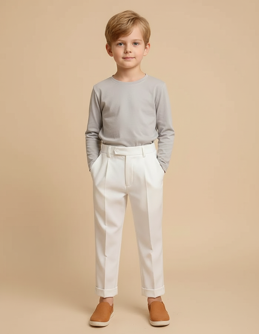 Pantalon Beige Droit Élégant Garçon Pli Coton - Blanc Gabardine
