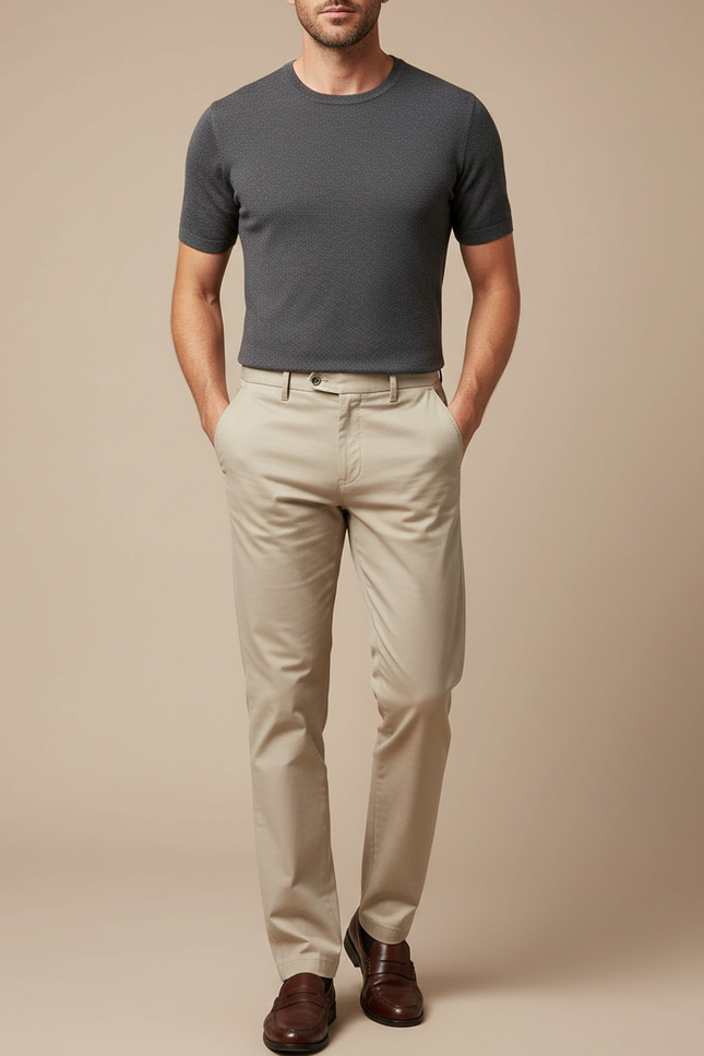 Pantalon Beige Homme Chino Coton Coupe Droite Élégant