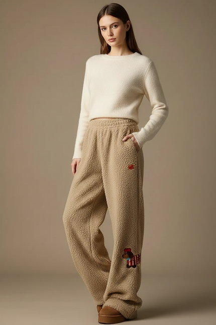 Pantalon Beige Polaire Brodé Chien Ample Décontracté - Polyester