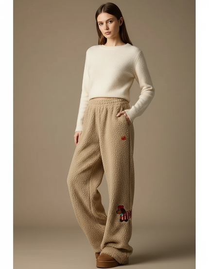 Pantalon Beige Polaire Brodé Chien Ample Décontracté - Polyester