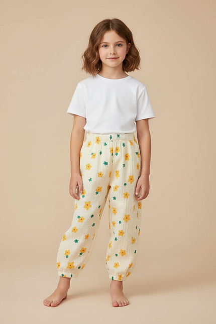 Pantalon Beige Fleuri Ample Décontracté Enfant - Coton