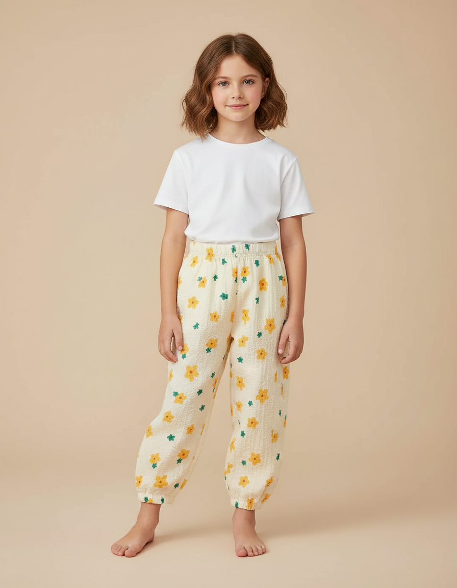 Pantalon Beige Fleuri Ample Décontracté Enfant - Coton