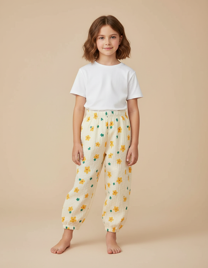 Pantalon Beige Fleuri Ample Décontracté Enfant - Coton