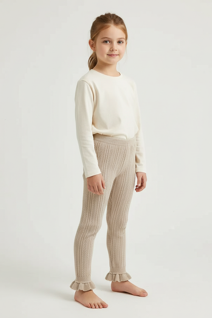 Pantalon Beige Tricoté Fille Volants Mignon - Maille
