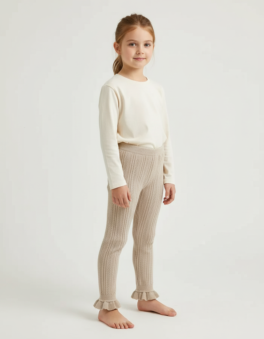 Pantalon Beige Tricoté Fille Volants Mignon - Maille
