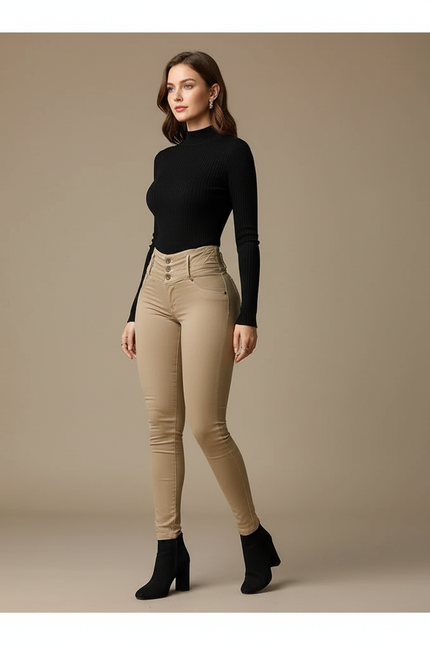 Pantalon Beige Taille Haute Slim Coton Stretch Femme