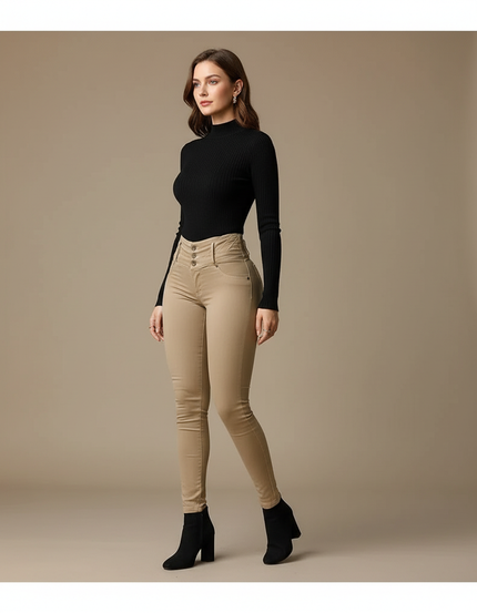 Pantalon Beige Taille Haute Slim Coton Stretch Femme