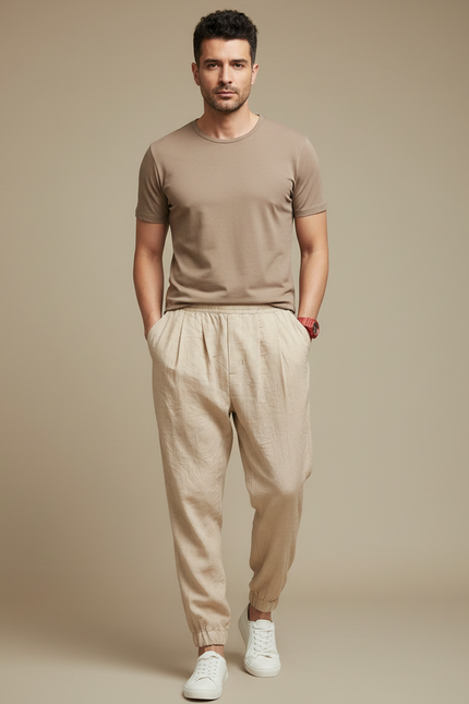 Pantalon Beige Lin Coton Ample Léger Homme