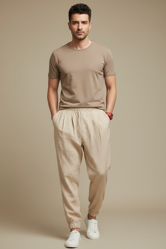 Pantalon Beige Lin Coton Ample Léger Homme