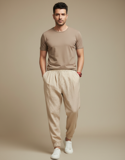 Pantalon Beige Lin Coton Ample Léger Homme