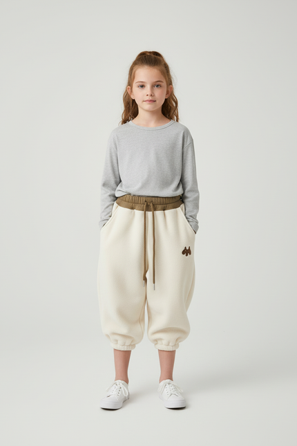 Pantalon Beige Polaire Ample Enfant Brodé Hiver - Molleton