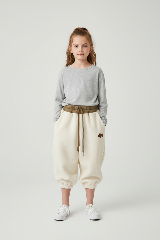 Pantalon Beige Polaire Ample Enfant Brodé Hiver - Molleton