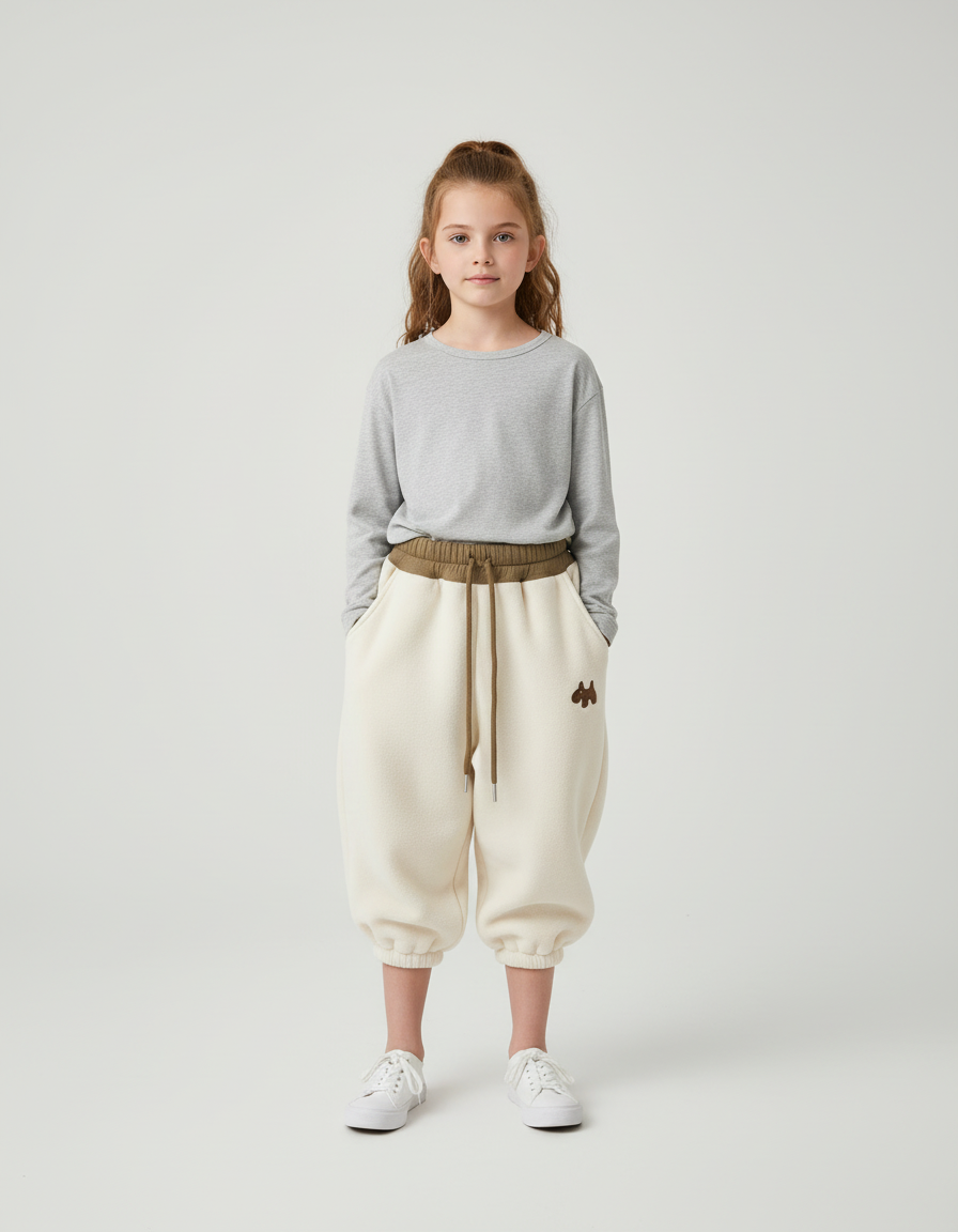 Pantalon Beige Polaire Ample Enfant Brodé Hiver - Molleton