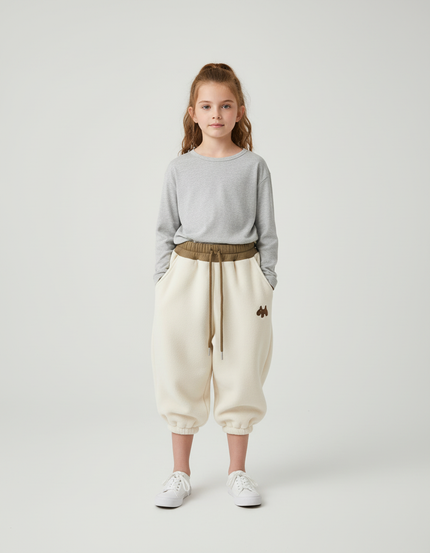 Pantalon Beige Polaire Ample Enfant Brodé Hiver - Molleton