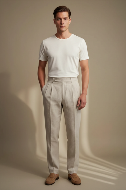 Pantalon Beige Plissé Droit Élégant Homme Coton - Lin
