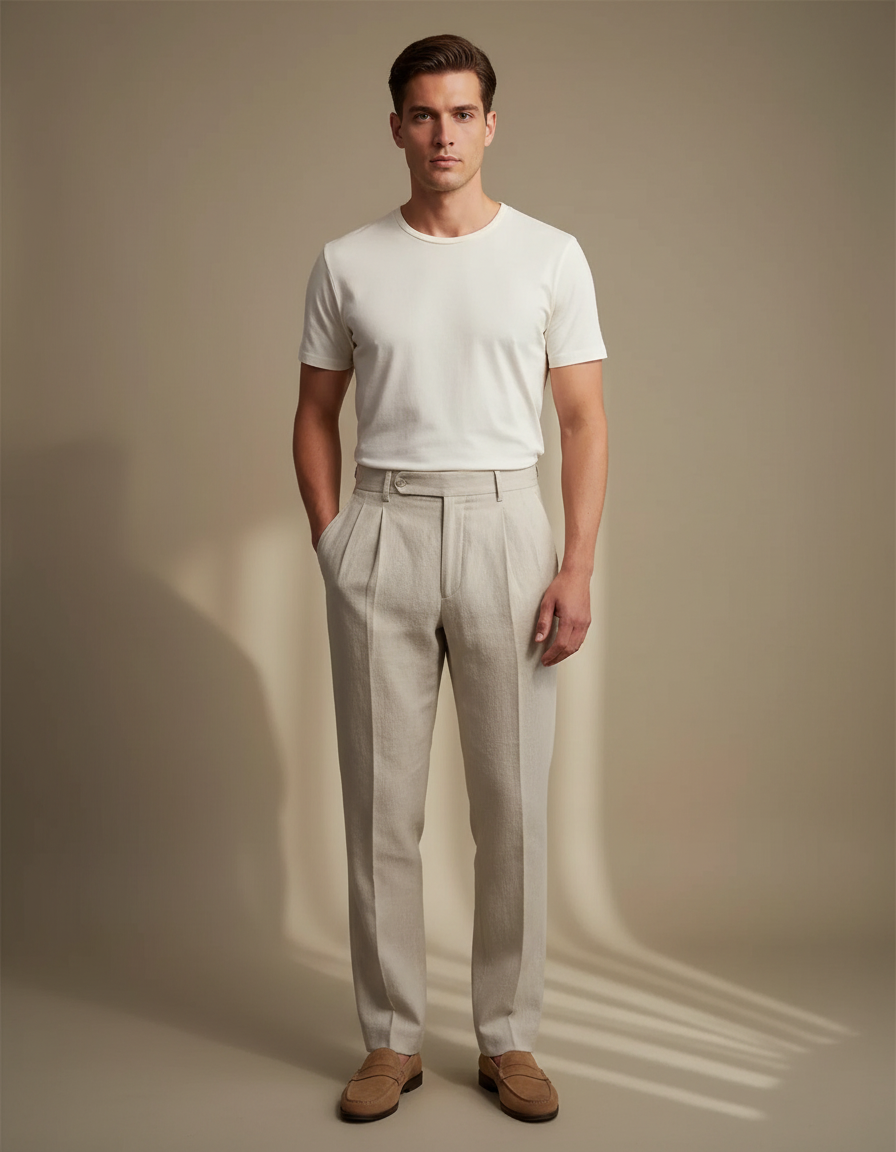 Pantalon Beige Plissé Droit Élégant Homme Coton - Lin