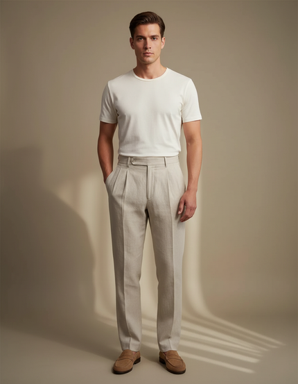 Pantalon Beige Plissé Droit Élégant Homme Coton - Lin