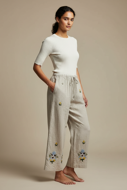 Pantalon Beige Lin Brodé Ample Décontracté Femme