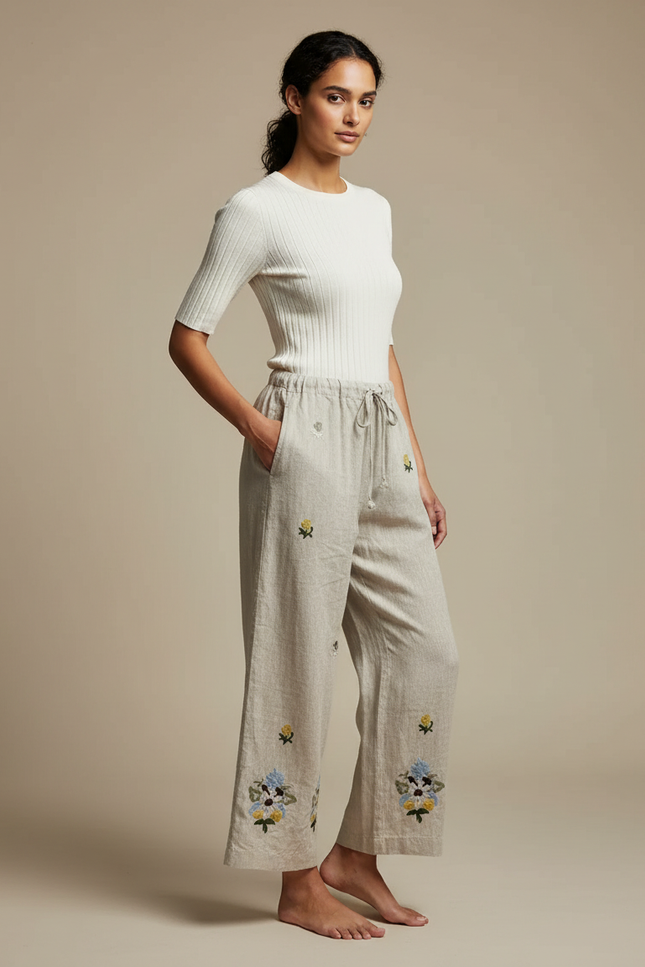 Pantalon Beige Lin Brodé Ample Décontracté Femme