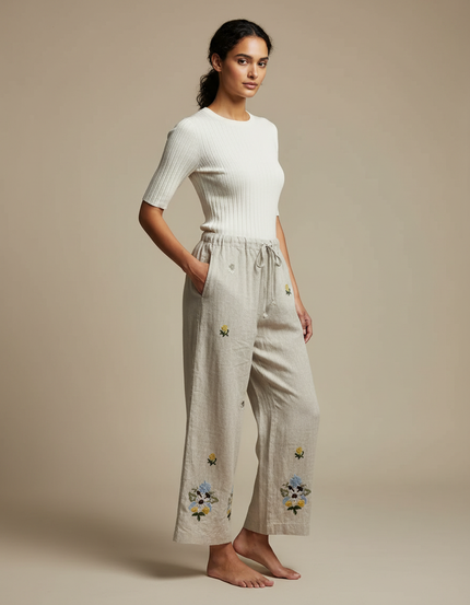 Pantalon Beige Lin Brodé Ample Décontracté Femme
