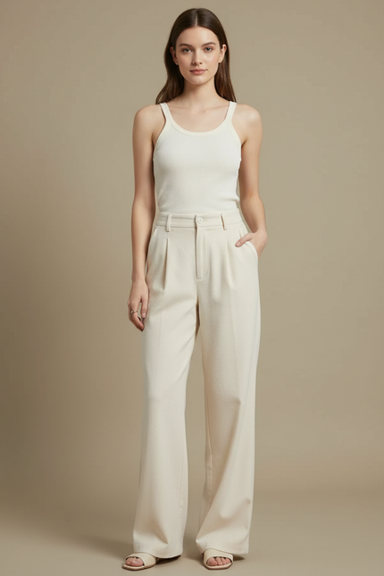Pantalon Beige Taille Haute Ample Plissé Décontracté - Gabardine