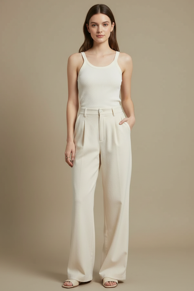 Pantalon Beige Taille Haute Ample Plissé Décontracté - Gabardine