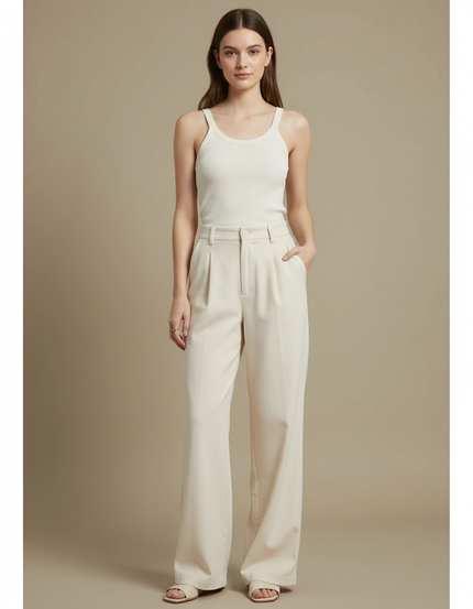 Pantalon Beige Taille Haute Ample Plissé Décontracté - Gabardine