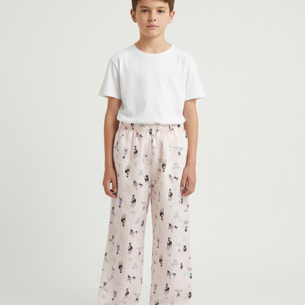 Pantalon Beige Ample Imprimé Dessins Animés Confortable - Lin
