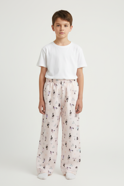 Pantalon Beige Ample Imprimé Dessins Animés Confortable - Lin
