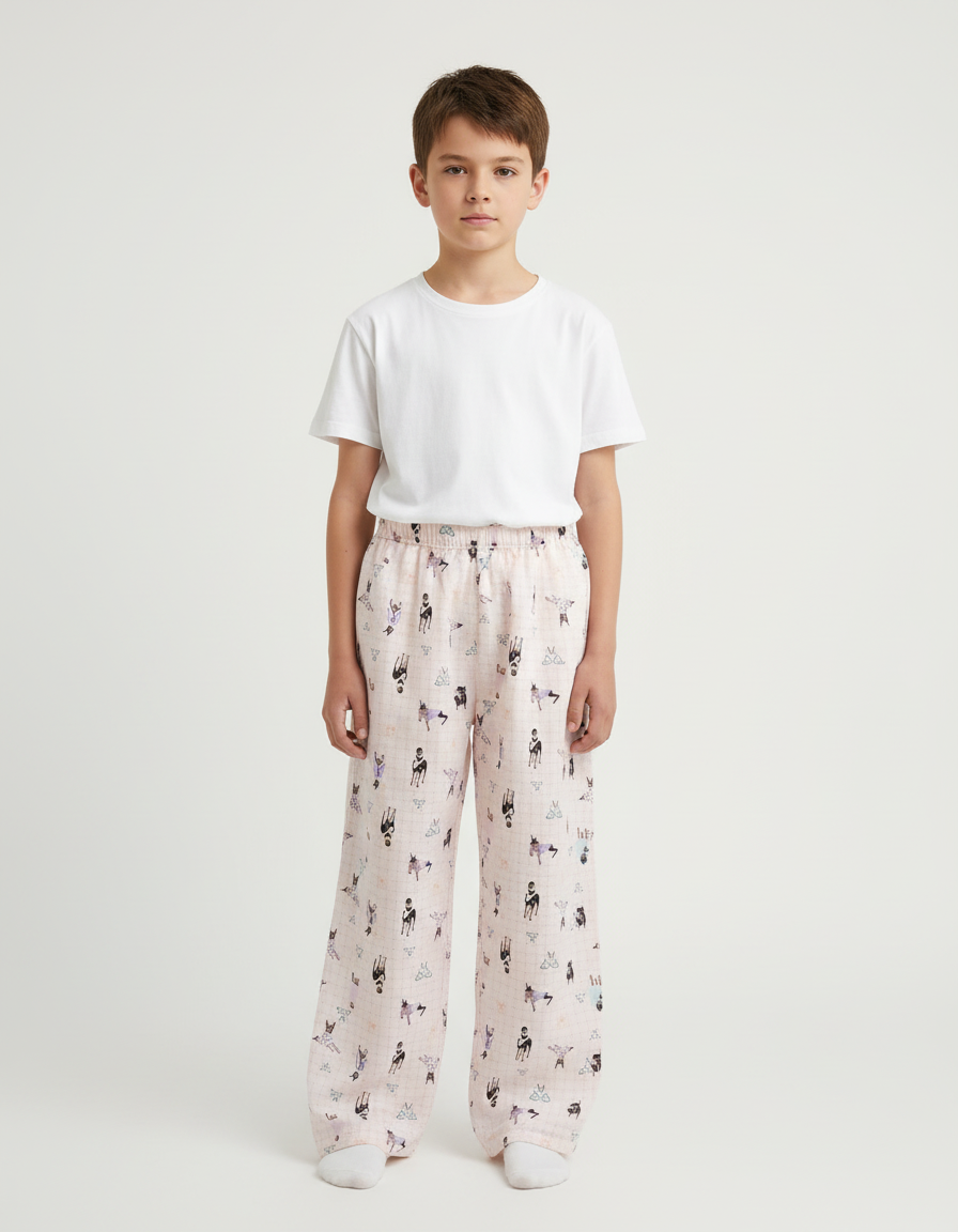 Pantalon Beige Ample Imprimé Dessins Animés Confortable - Lin