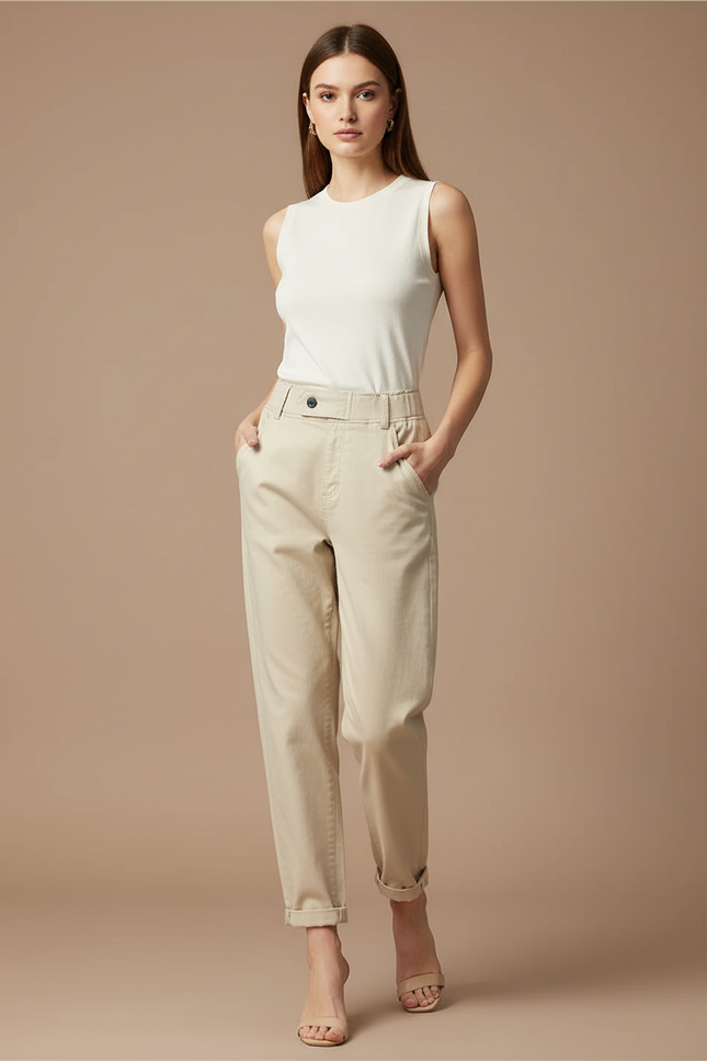 Pantalon Beige Ample Taille Haute Décontracté Femme - Gabardine