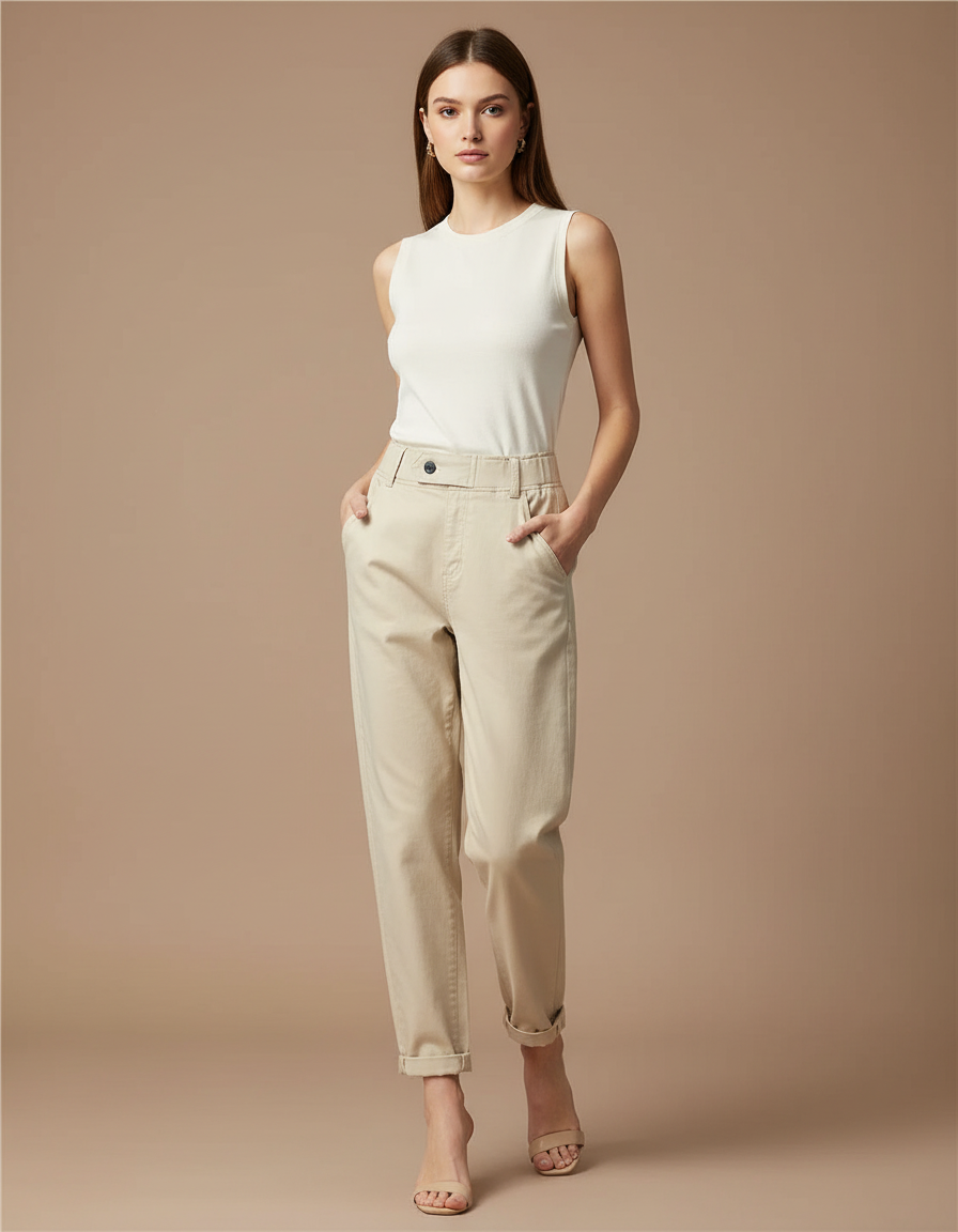 Pantalon Beige Ample Taille Haute Décontracté Femme - Gabardine