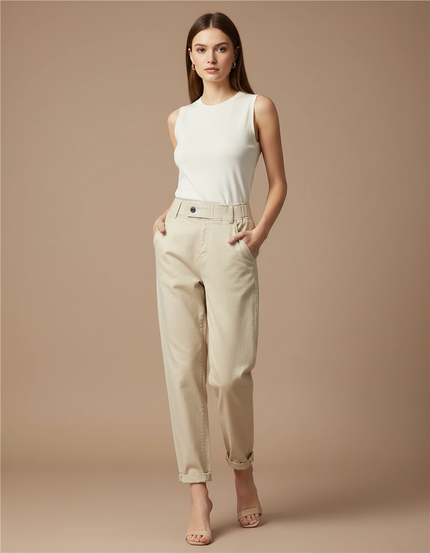 Pantalon Beige Ample Taille Haute Décontracté Femme - Gabardine