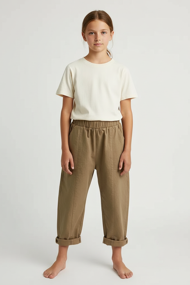Pantalon Beige Coton Ample Enfant Décontracté Uni - Kaki